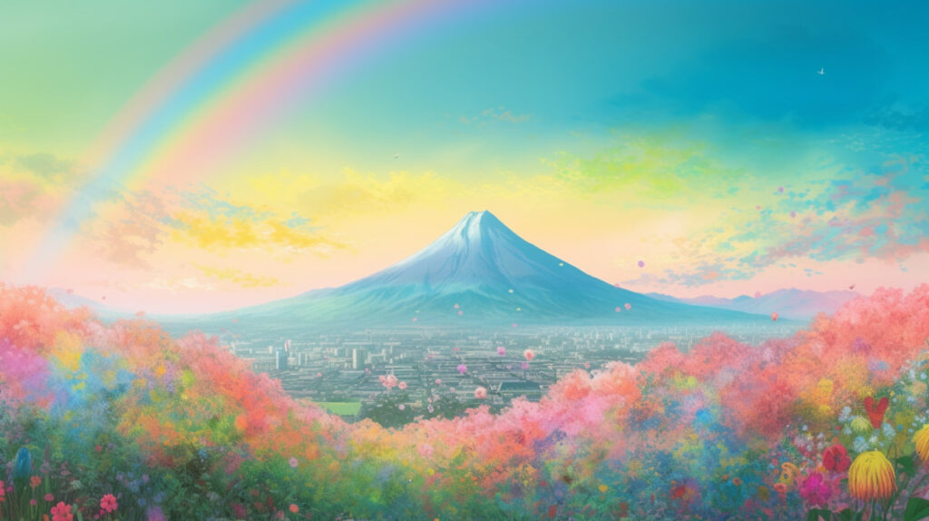 花が一面に咲いている富士山_2