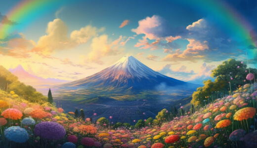 花が一面に咲いている富士山のイラスト